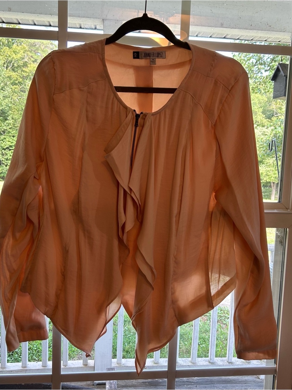 Jennifer Lopez Peach Pink Ruffle Zip-Front Blouse Jacket lightweight Cutest